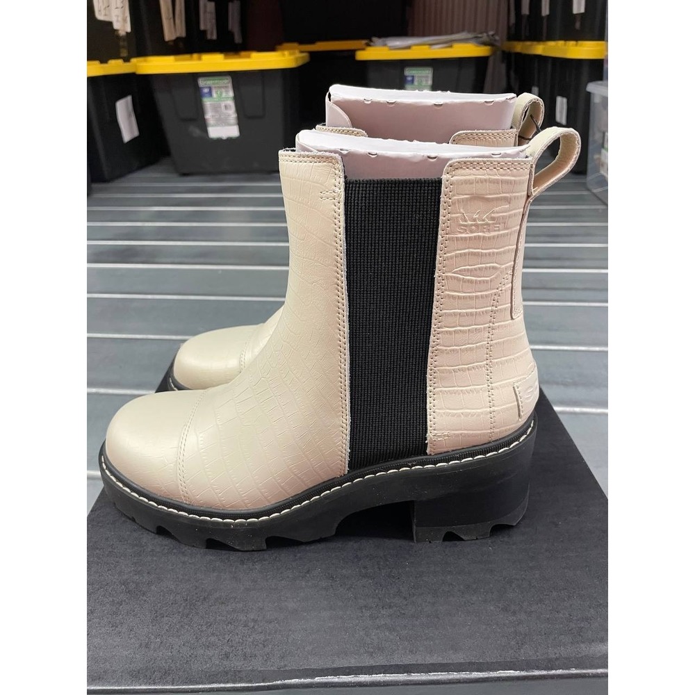 Sorel Joan Now Chelsea Bootie Boots Womens 9 Chalk Leather Pull On Croc Embossed